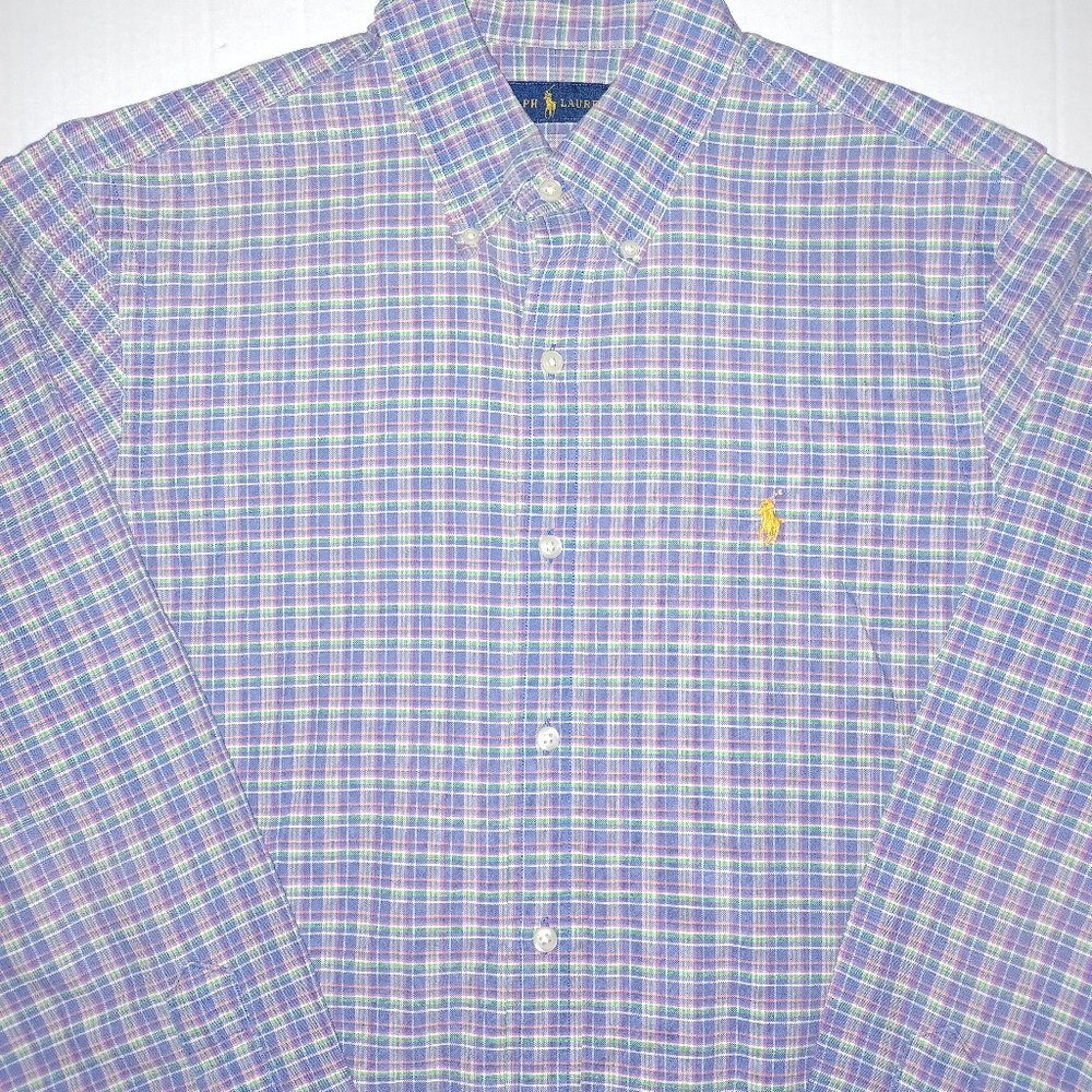 RALPH LAUREN MEN'S COTTON BLEND PLAID LONG SLEEVE BUTTON DOWN SHIRT